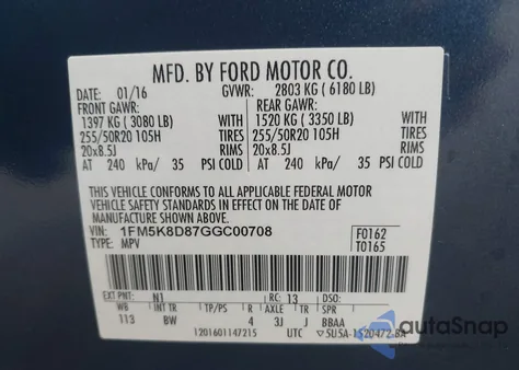 2016 Ford Explorer Xlt из США, поврежденный, VIN 1FM5K8D87GGC00708